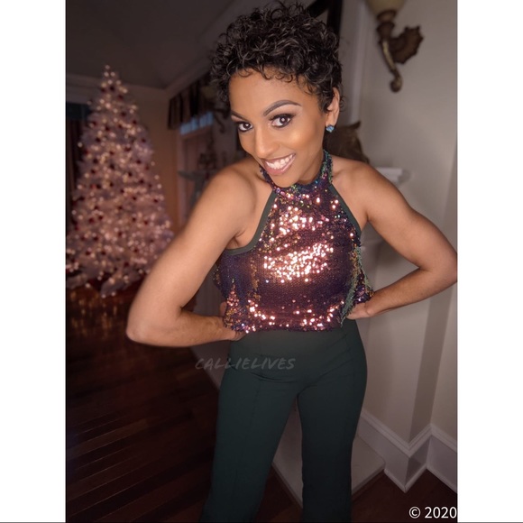 Callie Celebration: Iridescent Orange Sequin Cropped Halter Green Jumpsuit S M - Picture 7 of 16